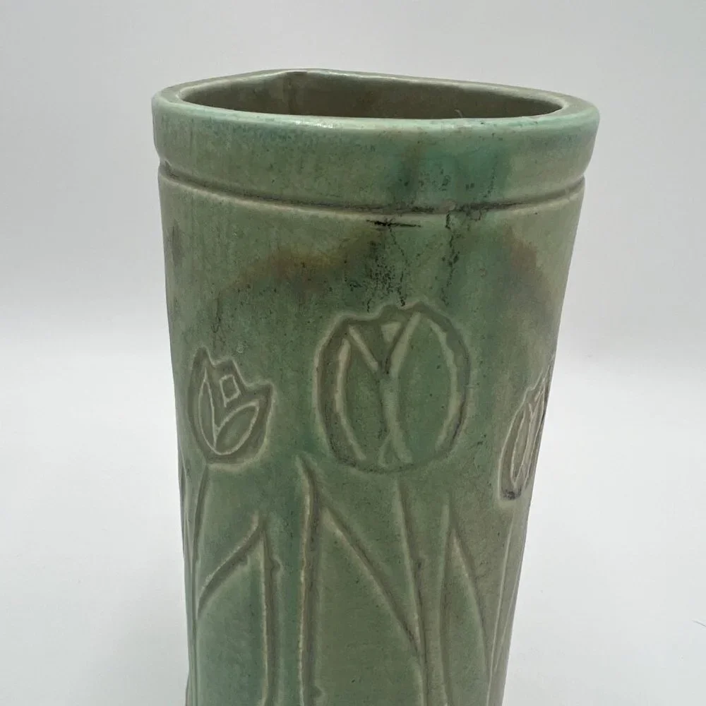 Tulip green studio pottery Asian inspired stamp signed spring vase
